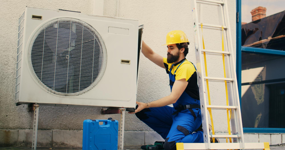 Professional HVAC technician inspecting and repairing an air conditioning unit in Laurel, MD