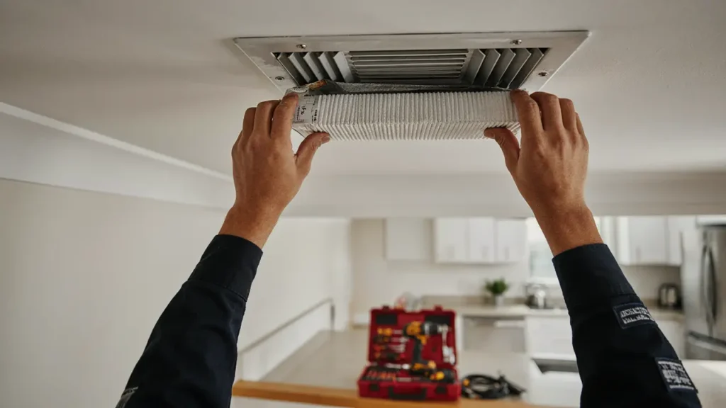 HVAC technician installing an air purifier filter