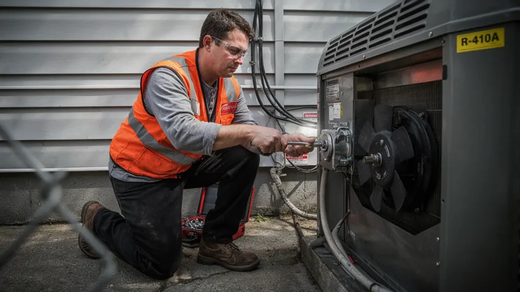 HVAC technician repairing an air conditioner
