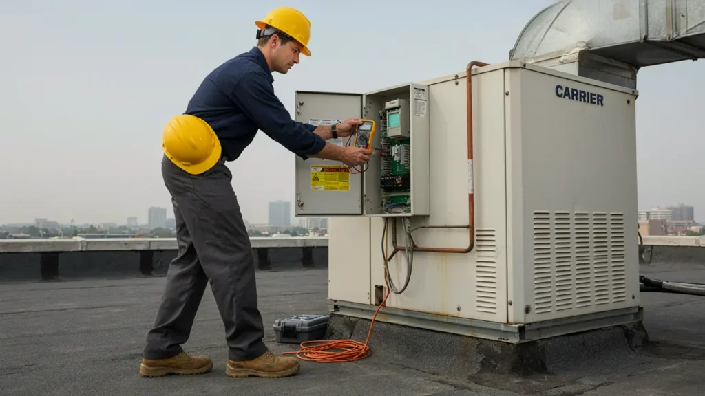 a commercial building, rooftop unit, or technician at a business