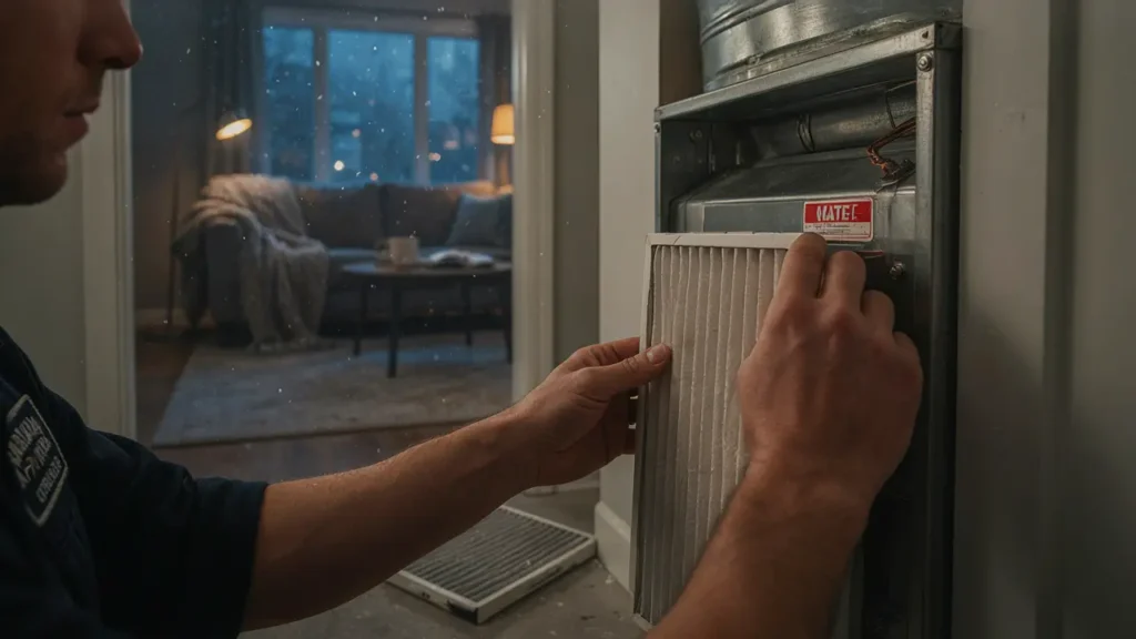 technician servicing a residential furnace